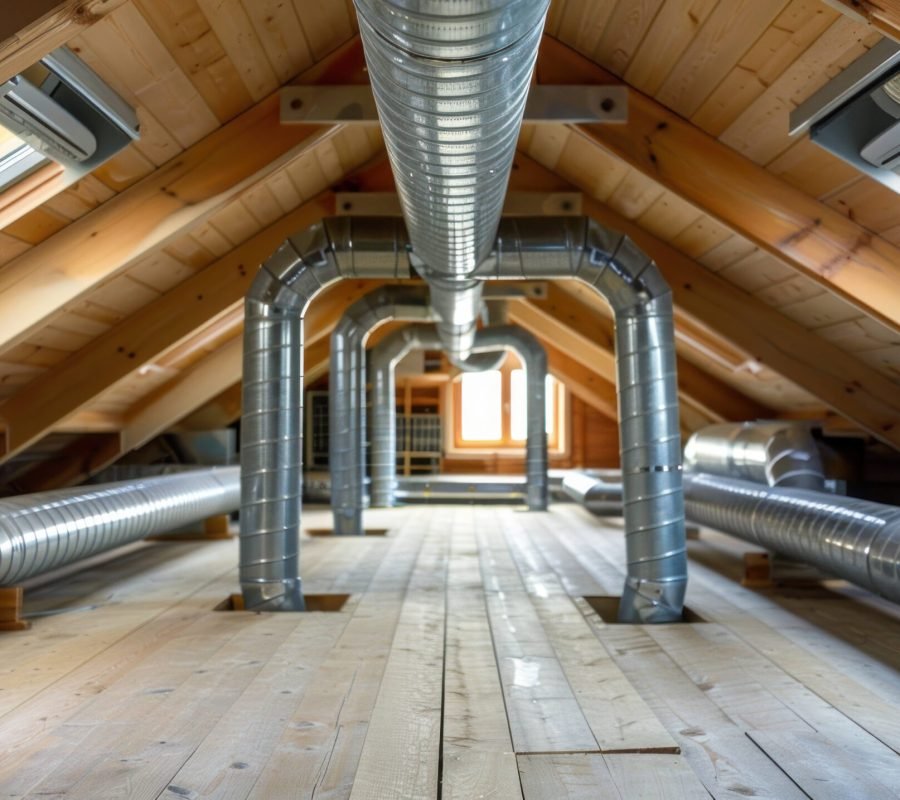 Efficient Central Air Conditioning System with Ductwork and Vents in Home Attic